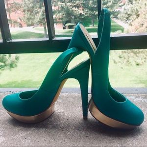 BCBG Fondly Island Green Satin Slingback Platform